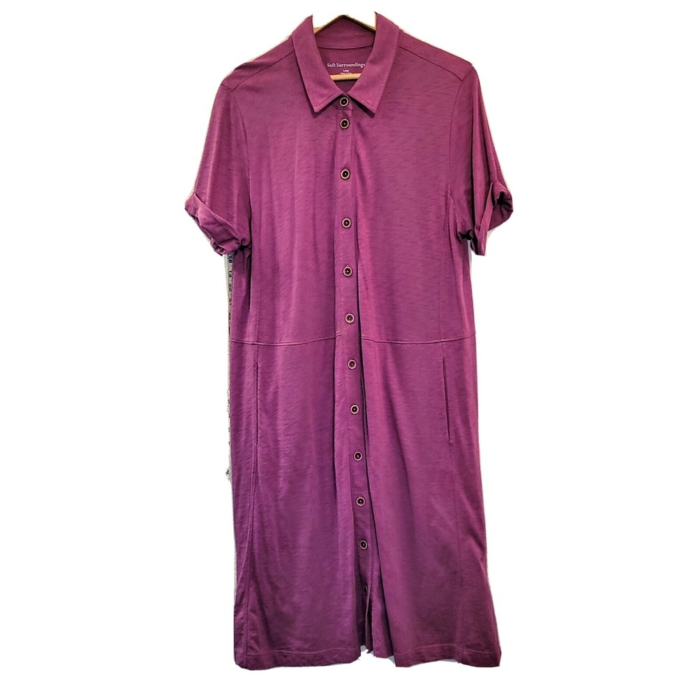 Soft Surroundings Shirt Dress Large Orchid Purple Button Slubbed‎ Knit Pockets